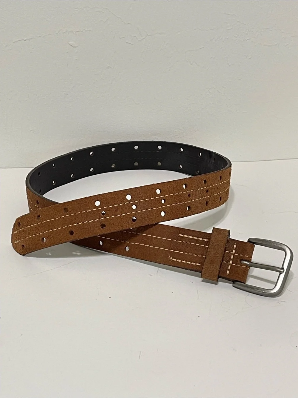 Brown Suede Leather Belt Perforated Contrast Stitching Gun Metal Buckle Men 27